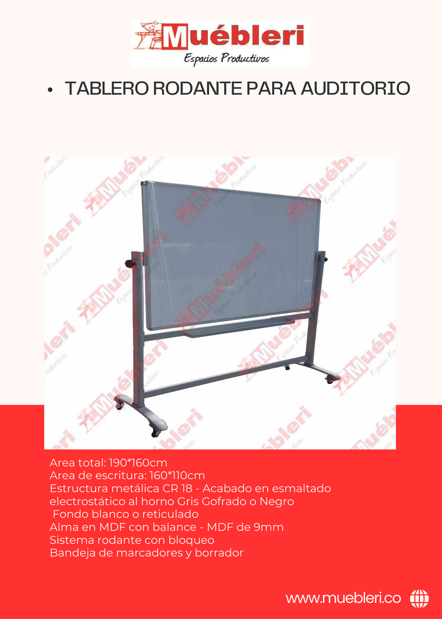Tablero borrable para auditorio, rodante y doble cara pivotante